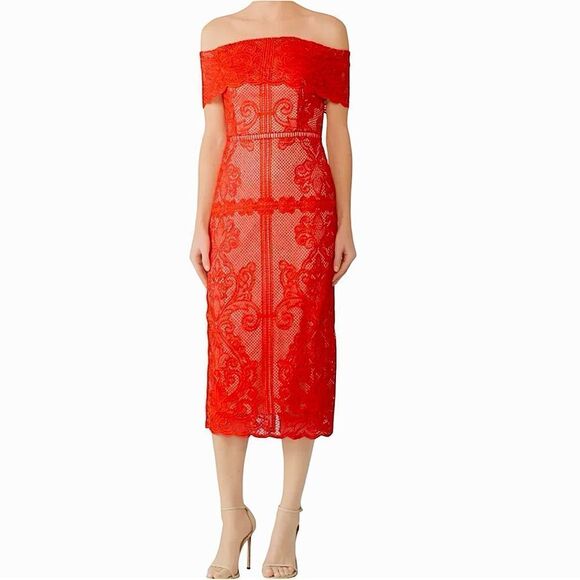 Sz S Stylestalker Stella Midi Off the Shoulder Red Lace Dress $241 MSRP - Picture 1 of 15